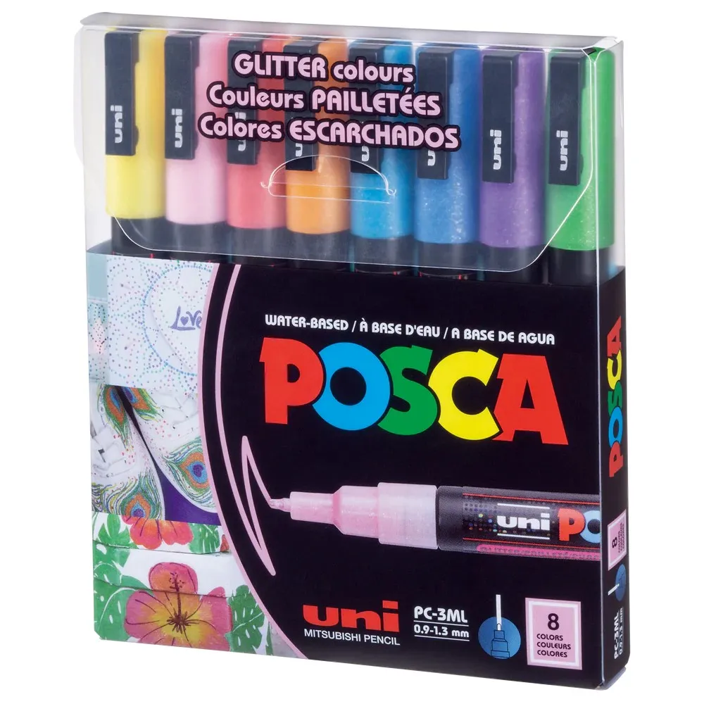 Набір маркерів POSCA Glitter Color, 0,9-1,3 мм, 8 шт Uni (PC-3ML GLITTER COLOR 8C) - Фото 1